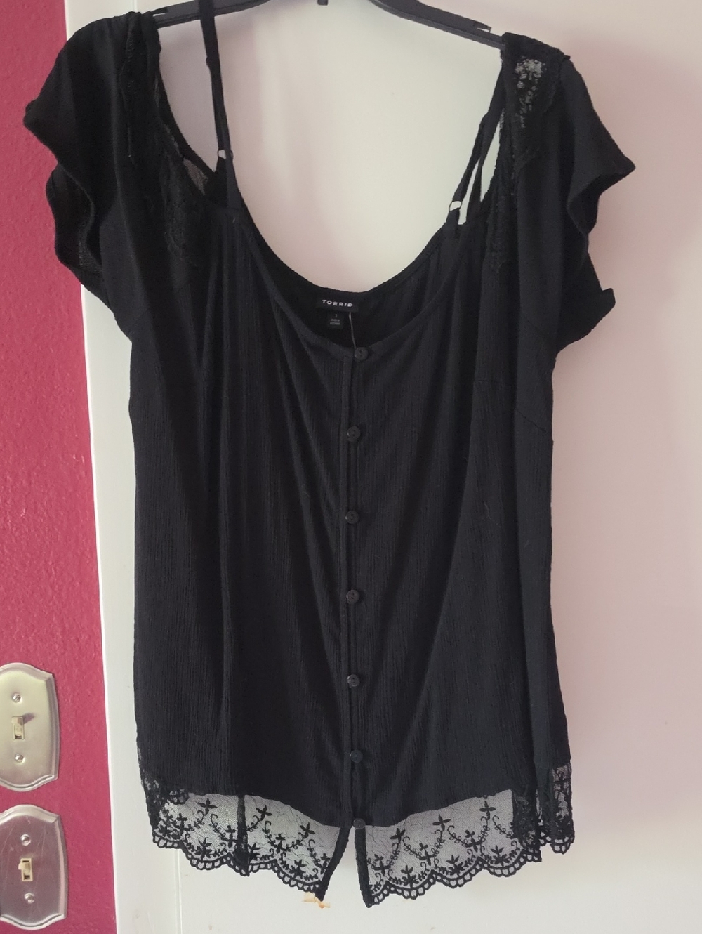 torrid Black Button-Front Lace Hem Short Sleeve Top